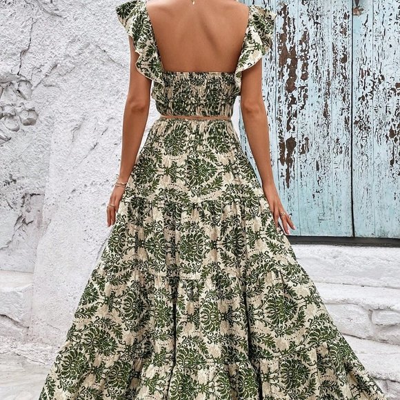 Green Casual Womens Allover Print Ruffle Trim Top & Skirt - Picture 2 of 4